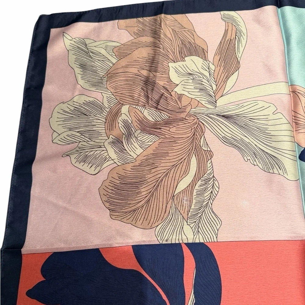🌺Colorful Floral Print Silk Scarf in Navy, Red, Pink, Mint tones. 23” square